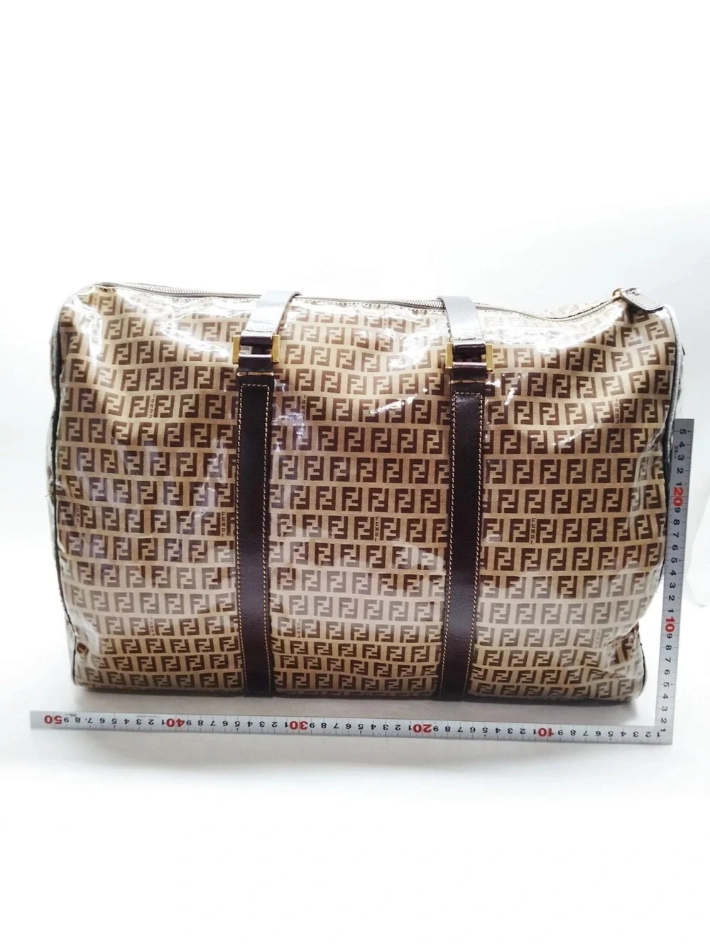 Fendi Beige Brown FF Logo Coated Canvas Duffel Bag